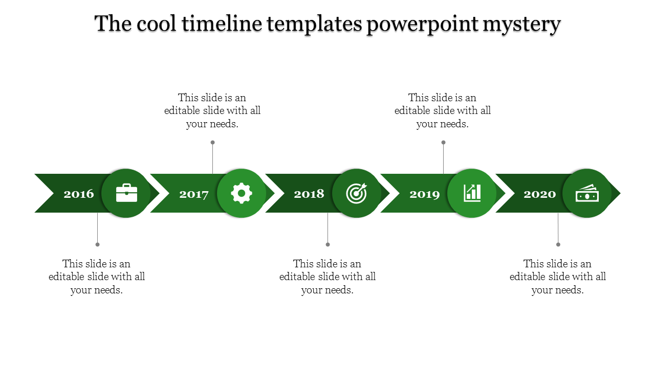 Modern timeline side with five green arrows, featuring circular icons, and a yearly flow from 2016 to 2020.