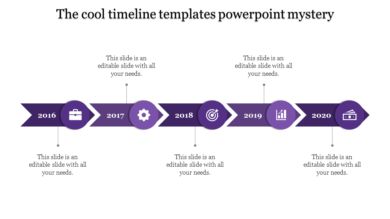 A cool timeline PPT slide in purple, with years from 2016 to 2020, each year associated with an icon and placeholder text.