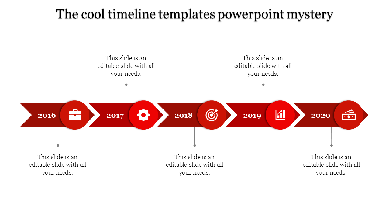 Horizontal timeline with five red arrow segments, circular icons, and milestone years arranged in sequence.