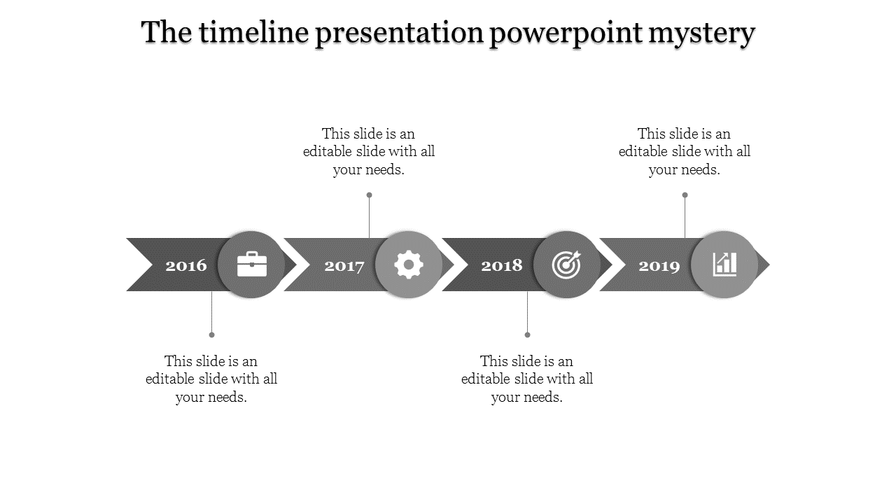 A cool timeline slide with milestones from 2016 to 2019, featuring vibrant arrows and grey icons with placeholder text.