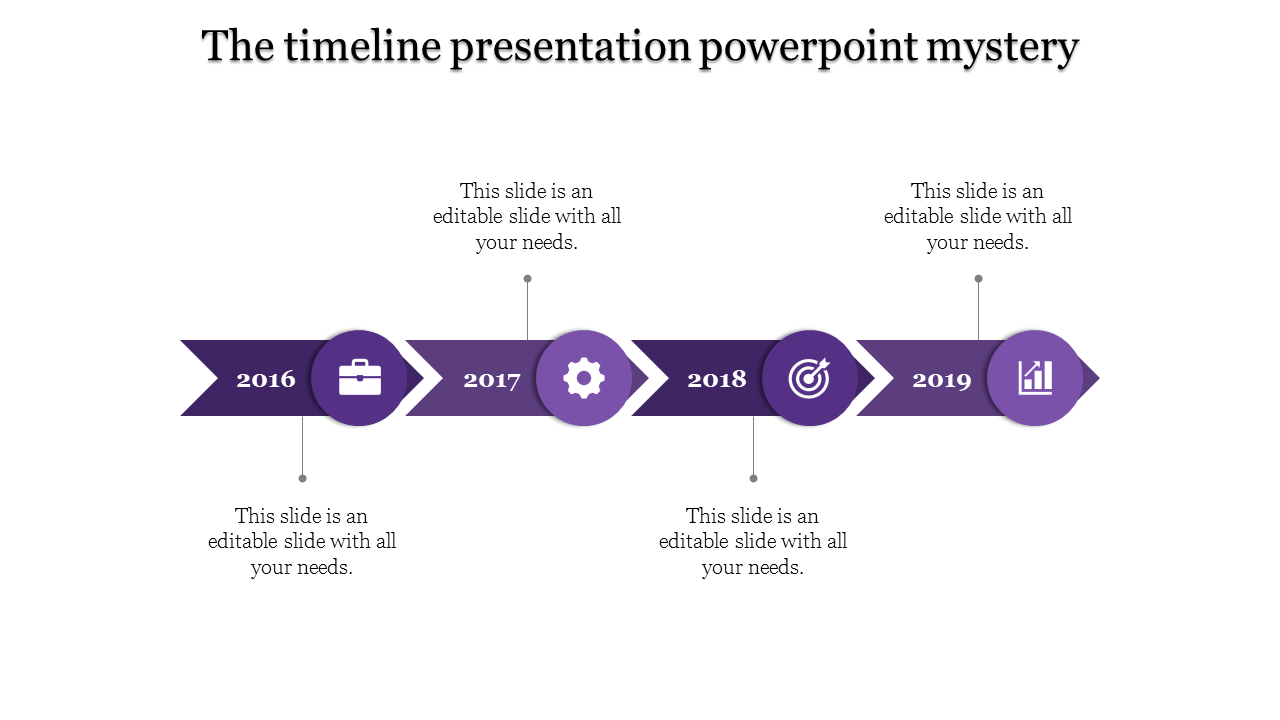 A cool timeline slide with milestones from 2016 to 2019, featuring vibrant arrows and purple icons with placeholder text.