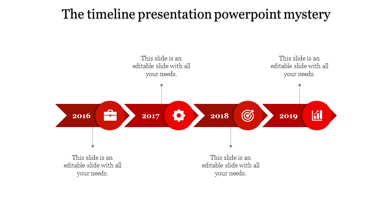 Red timeline with four arrows, featuring round milestone icons, and vertical connectors in a sequential layout.