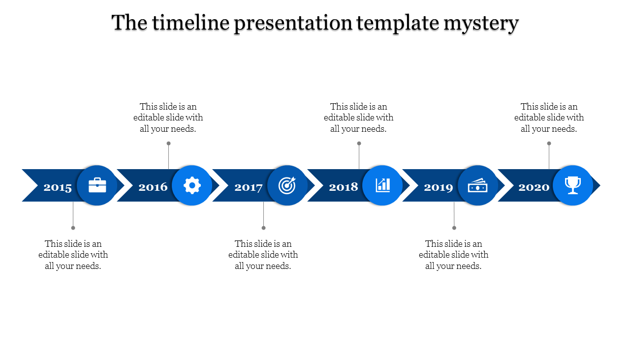 A blue themed timeline PPT slide showing milestones from 2015 to 2020, each marked with a blue icon and placeholder.