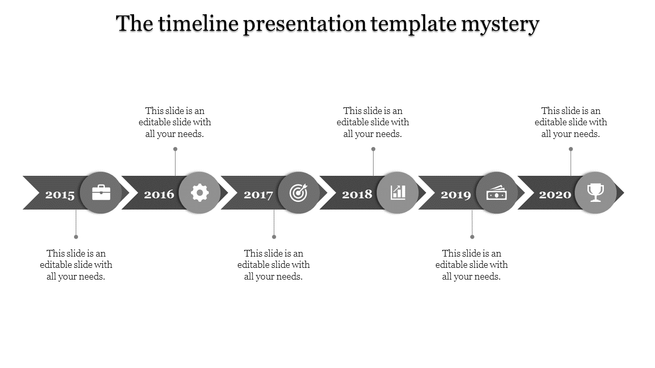 Gray horizontal timeline with arrow shaped segments, featuring circular icons and milestone years from 2015 to 2020.