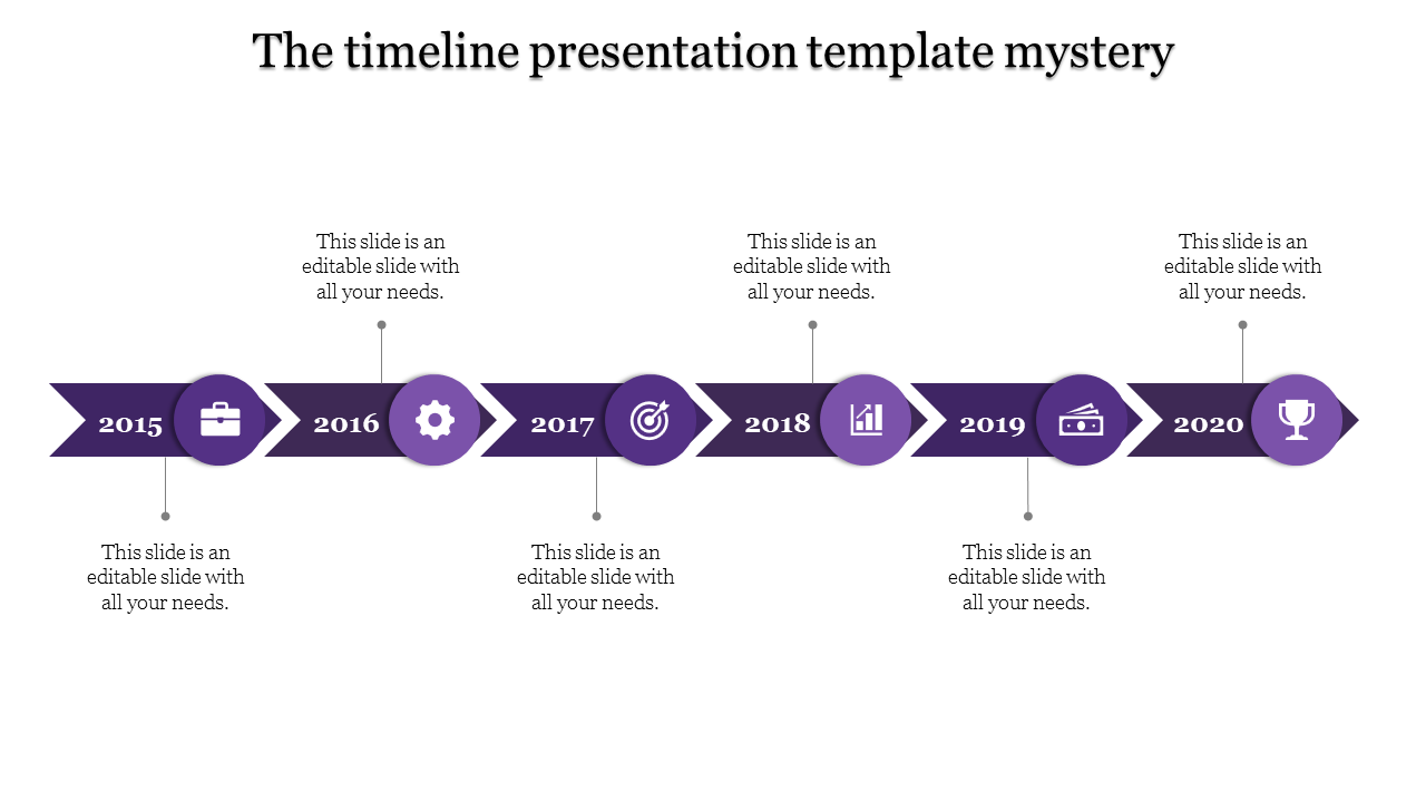 Purple themed timeline infographic with six milestones in directional arrows, and black icons on a white background.