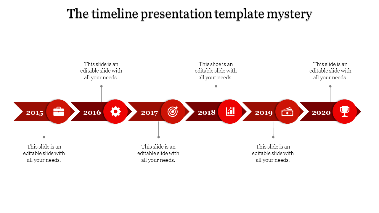 Sequential blue timeline with arrow banners and round icons depicting milestones from 2016 to 2019.