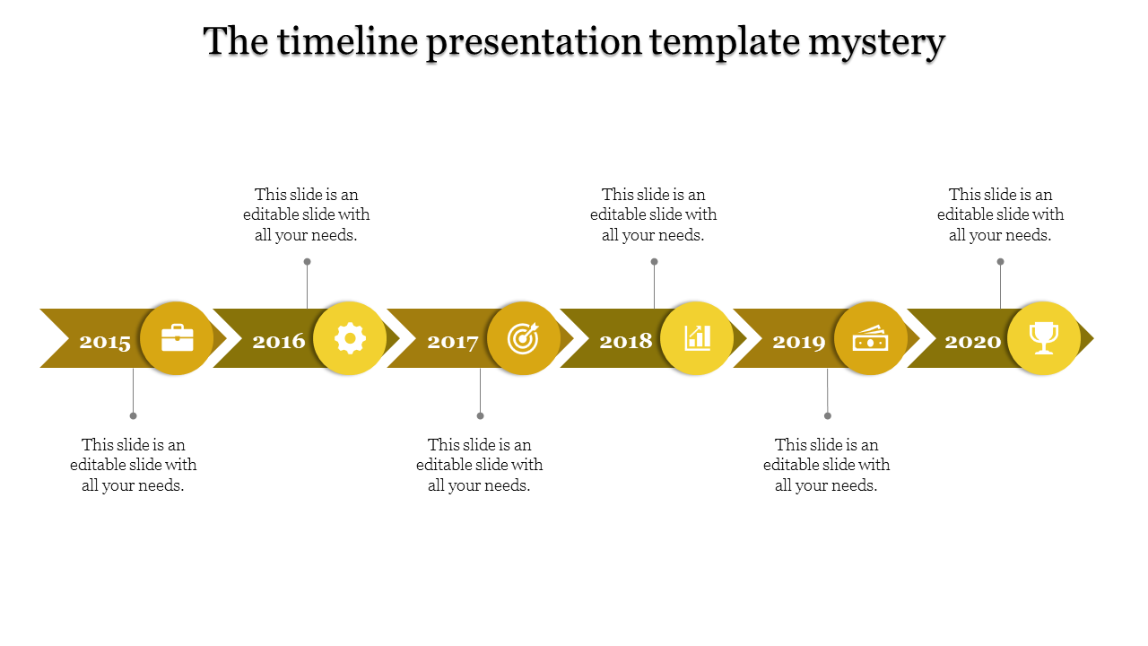 A sleek timeline PPT slide with milestones from 2015 to 2020, each marked with yellow icons with placeholder text.
