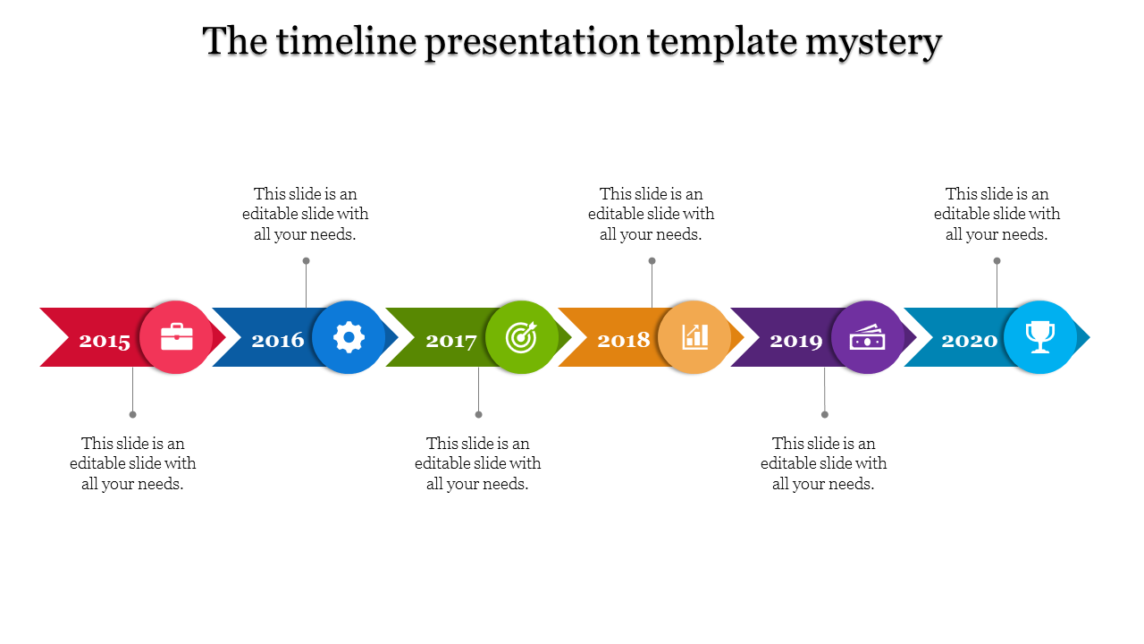 Timeline with arrow shaped segments in red, blue, green, yellow, purple, and teal, with circular icons and milestone years.