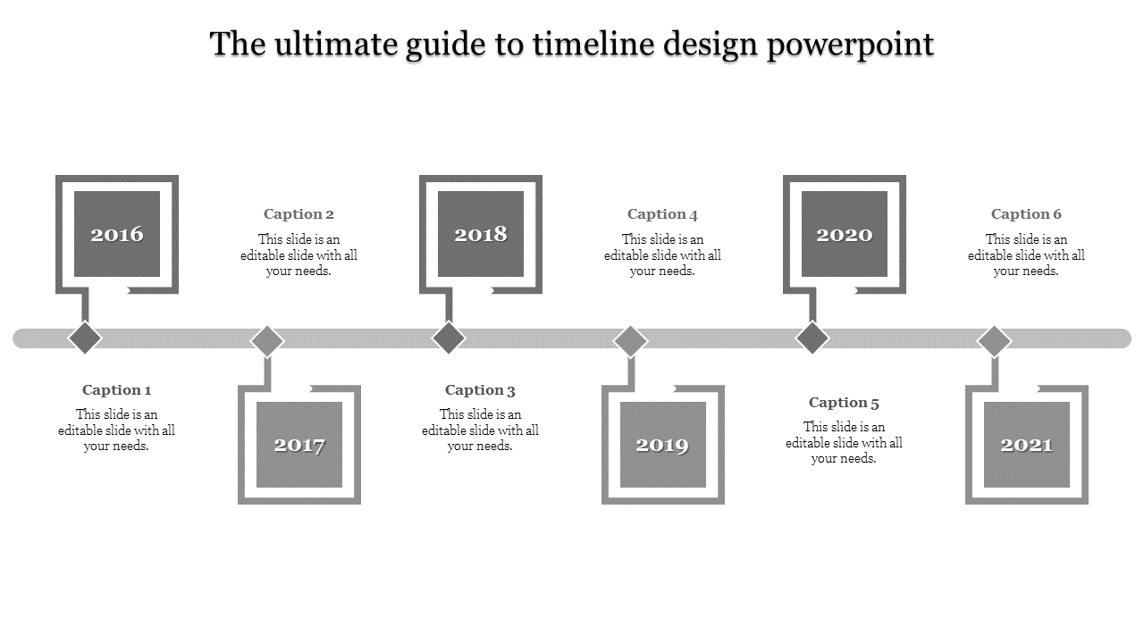 Modern timeline infographic with six purple square milestones for years 2016-2021, arranged along a gray connector.