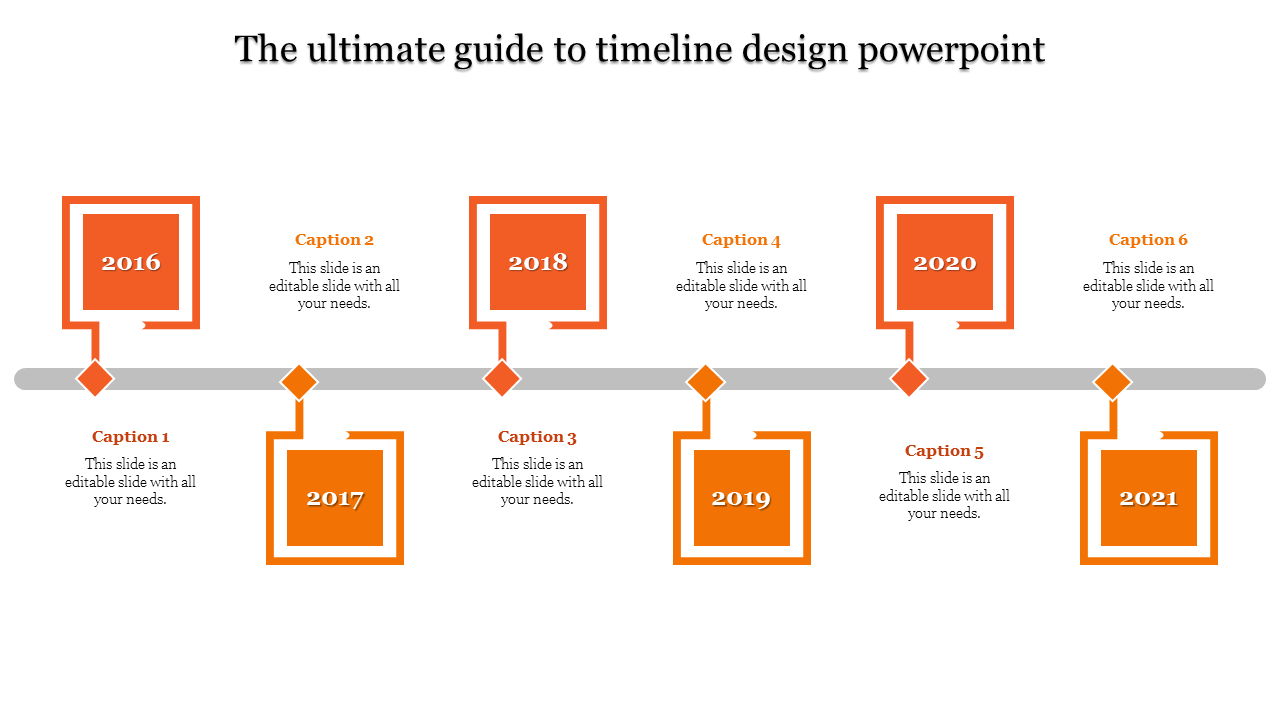 Orange themed timeline with six square labels and captions, evenly spaced along a gray horizontal path with connectors.