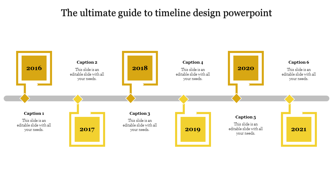Timeline slide with six alternating yellow square milestones from 2016 to 2021, linked by a gray horizontal bar.
