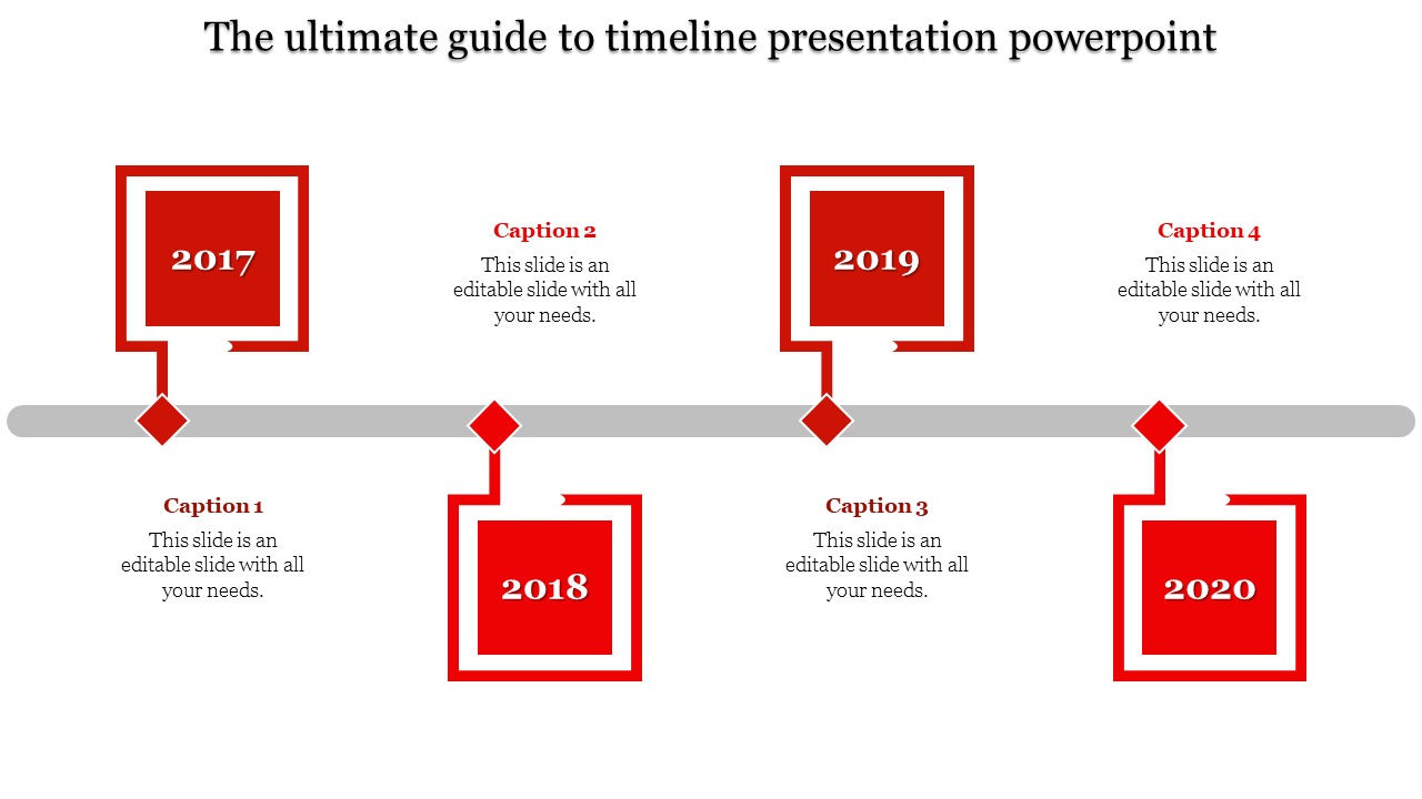 Horizontal red timeline with square markers from 2017 to 2020, connected by a gray line with diamond shaped nodes.