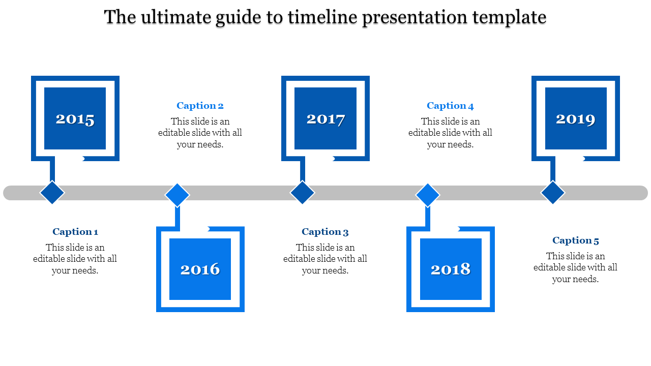 Horizontal timeline with orange square nodes, diamond connectors, and alternating text placeholders for each year.