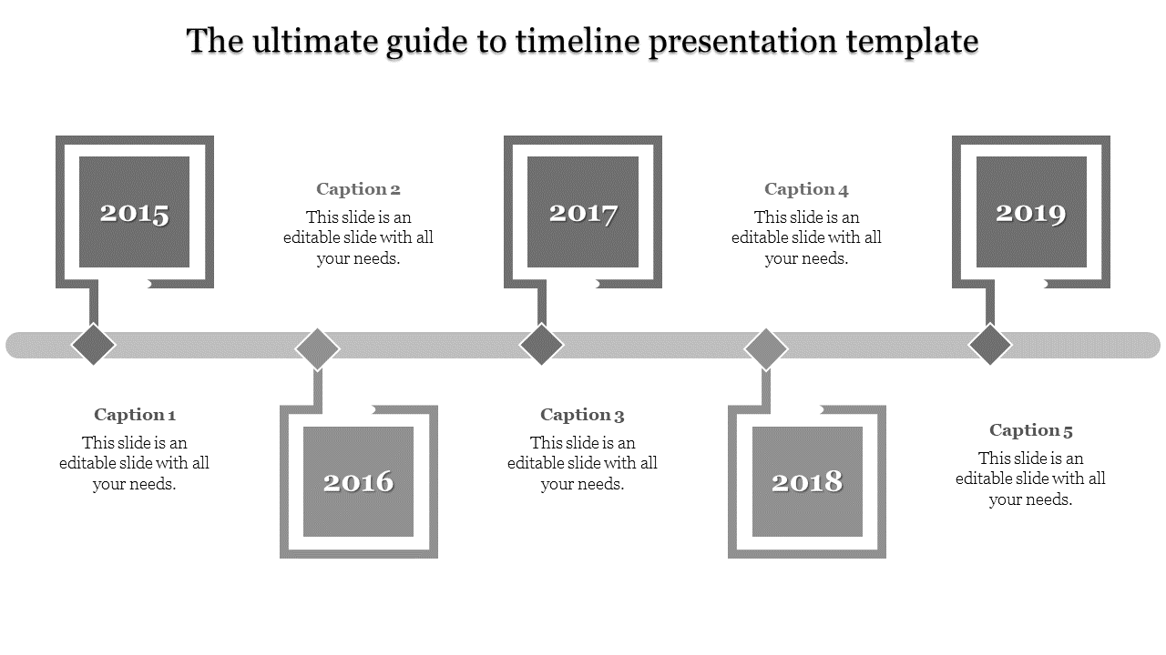 Timeline presentation template with five grey boxes each containing a year and caption, connected by a line path.
