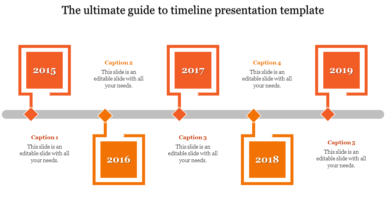 Horizontal timeline with yellow square nodes, diamond connectors, and alternating text placeholders for each year.