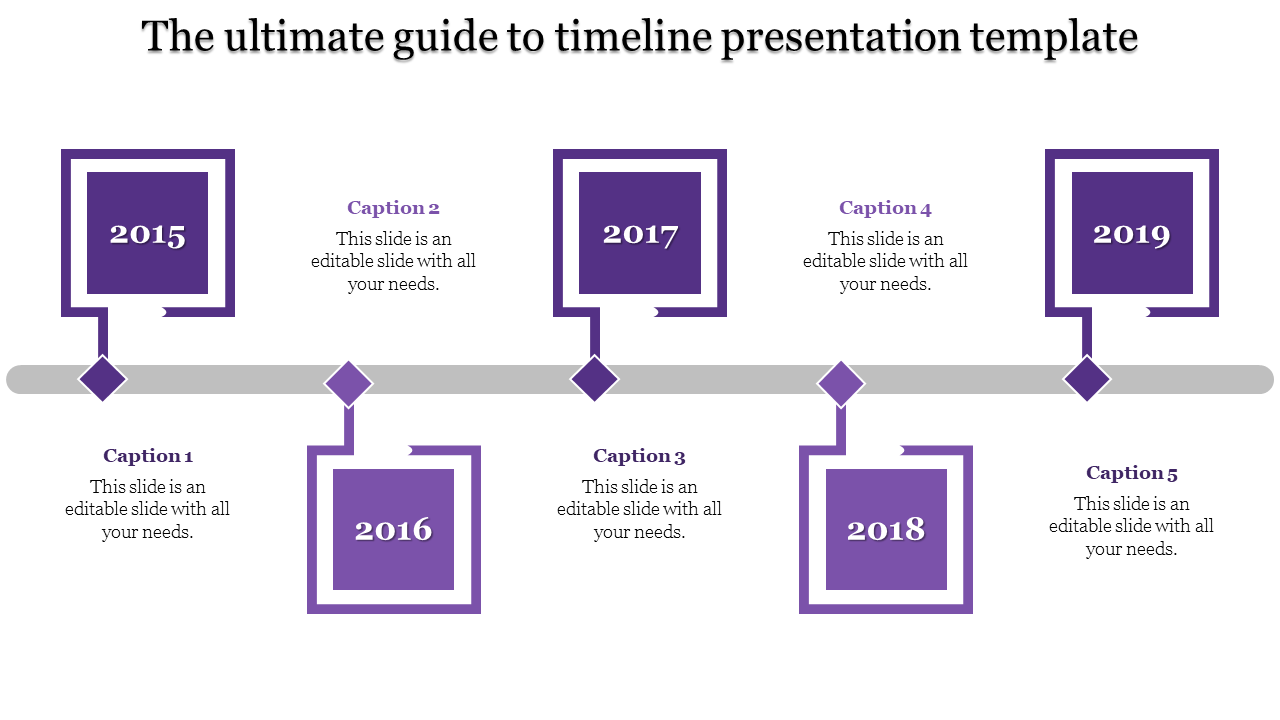 Timeline presentation template with five purple boxes each containing a year and caption, connected by a grey path.