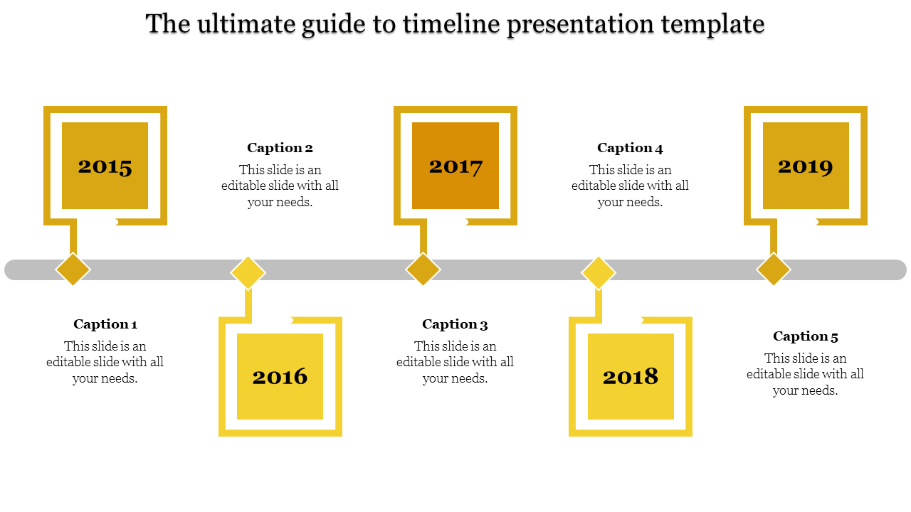 Pentagon themed timeline with alternating colors and 3D effects, spanning 2011-2019, with placeholder text above and below.
