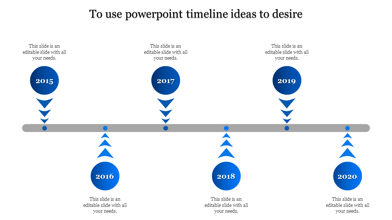 Timeline PowerPoint slide with years 2015 to 2020, featuring blue circular markers with upward and downward pointing arrows.