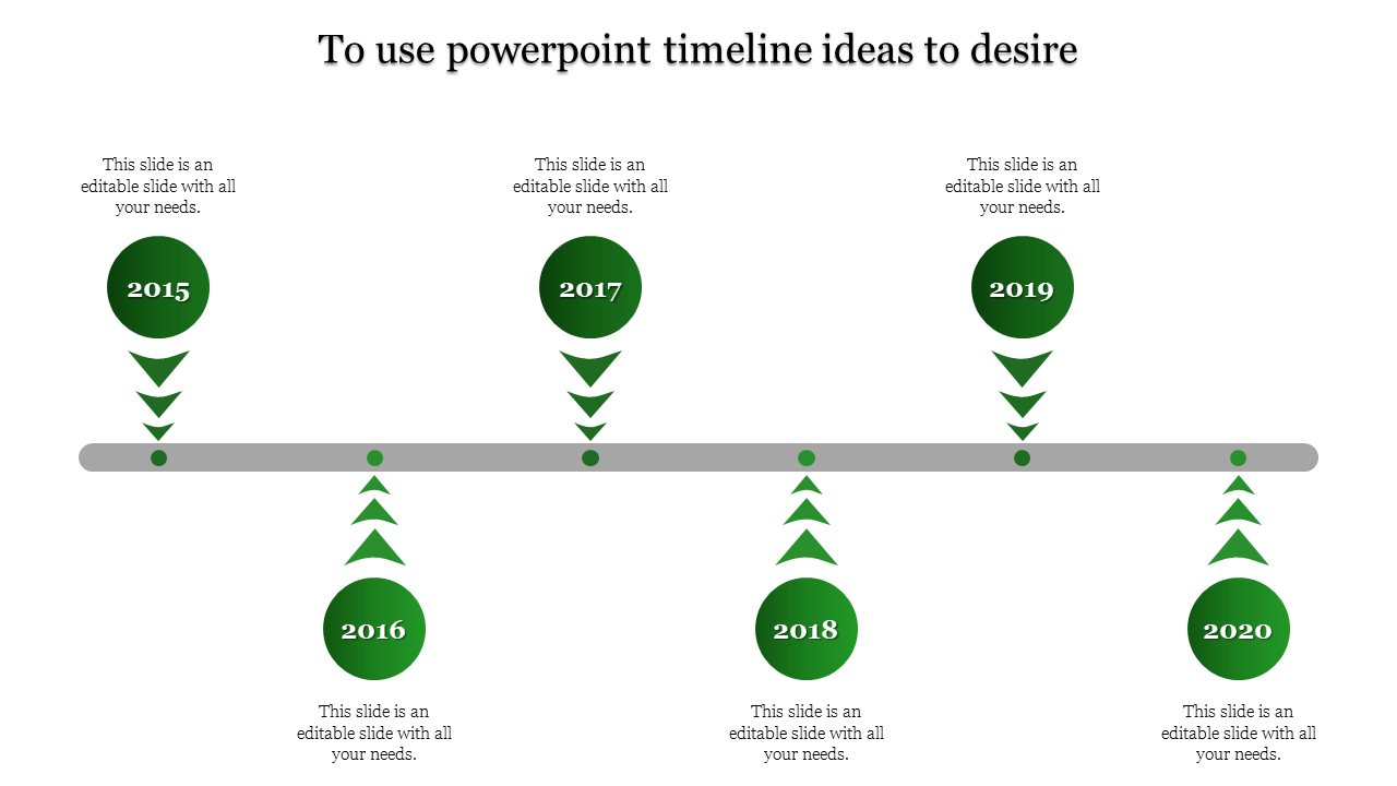 Symmetrical green timeline with milestone circles above and below a central gray path, arranged in alternating positions.