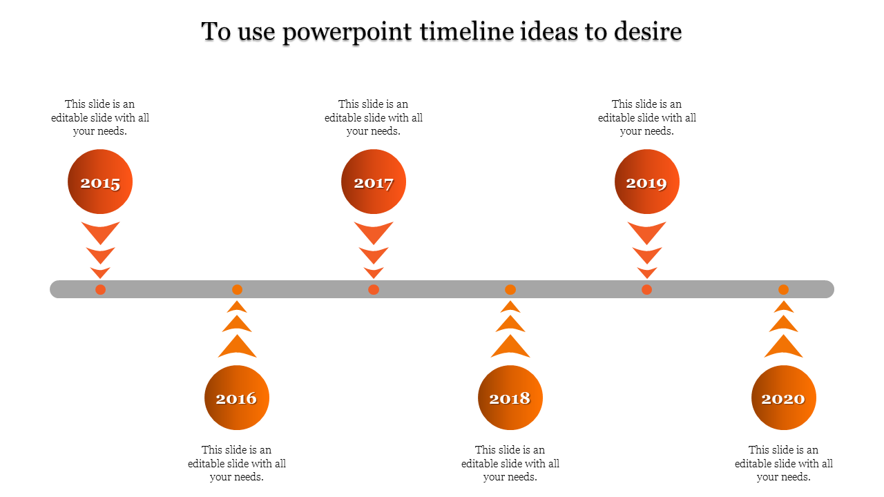 Timeline PPT slide with years 2015 to 2020, featuring orange circular markers and arrows pointing downward and upward.