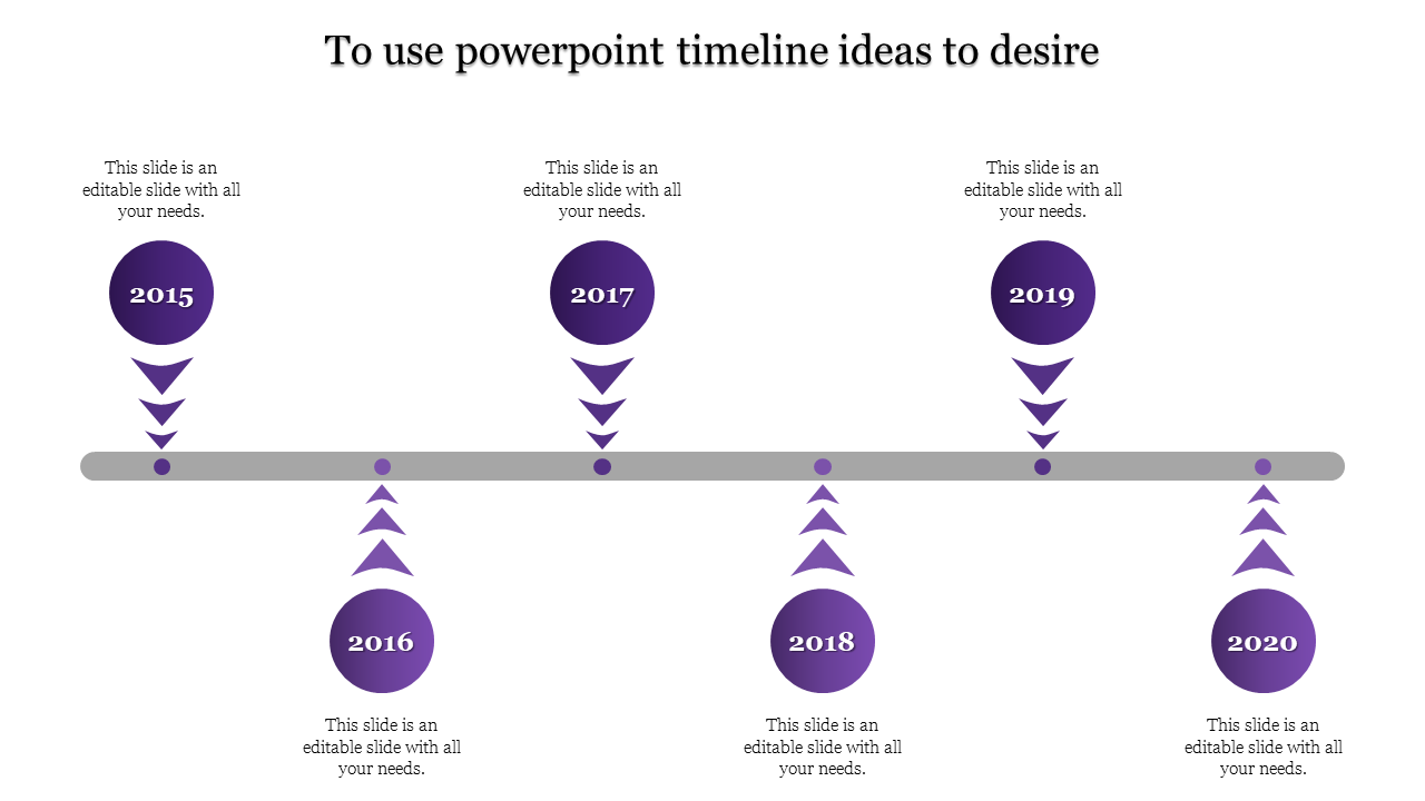 Purple themed timeline design displaying years 2015 to 2020 with circles and arrows, associated with descriptions.