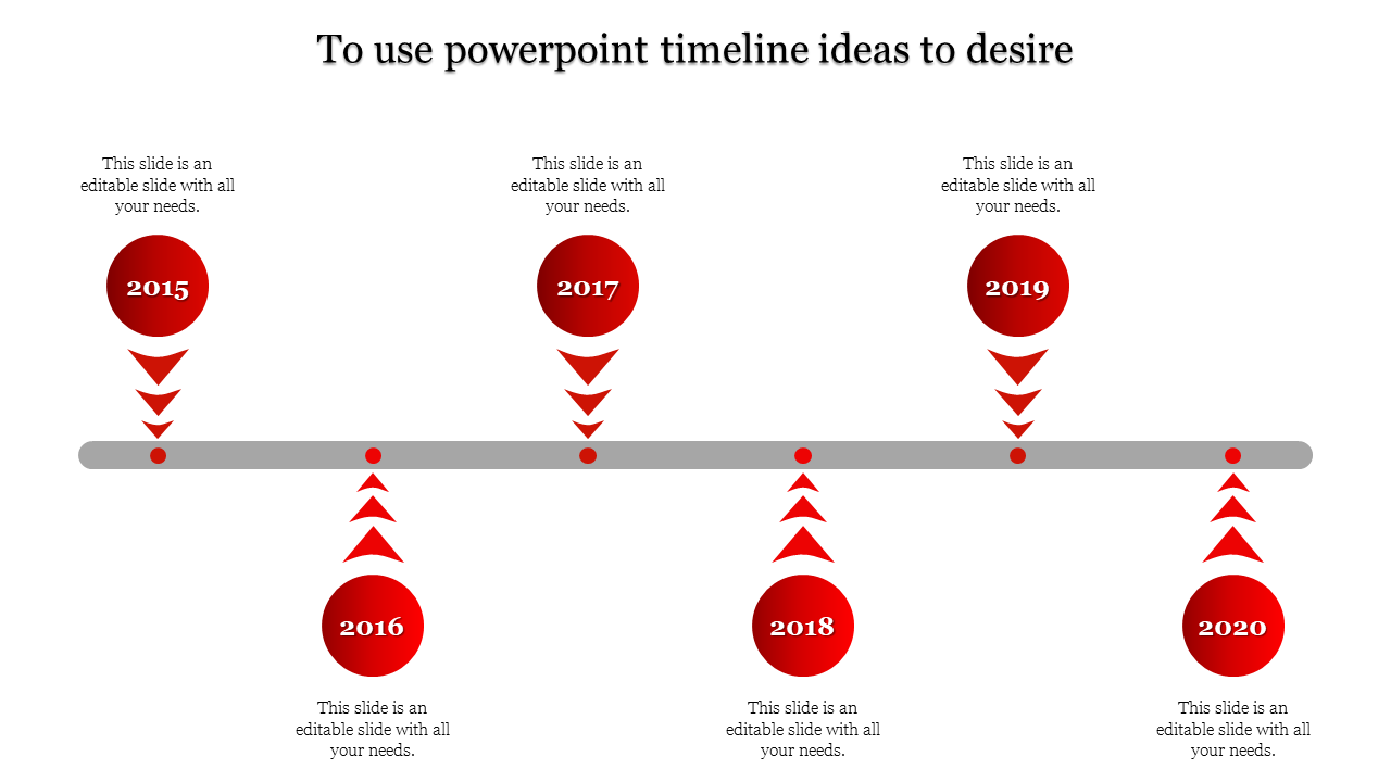 Minimalist red timeline with alternating circular milestones from 2015 to 2020, connected by a gray horizontal bar.