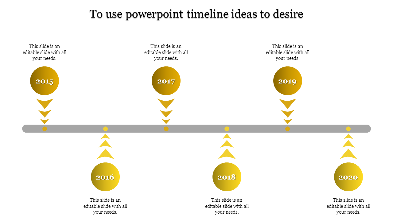 Timeline PPT slide with years 2015 to 2020, featuring yellow circular markers and arrows pointing downward and upward.