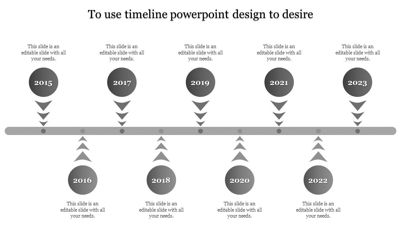 Timeline ideas slide with grey circles for 2015 to 2023, connected by a gray horizontal line and downward pointing arrows.