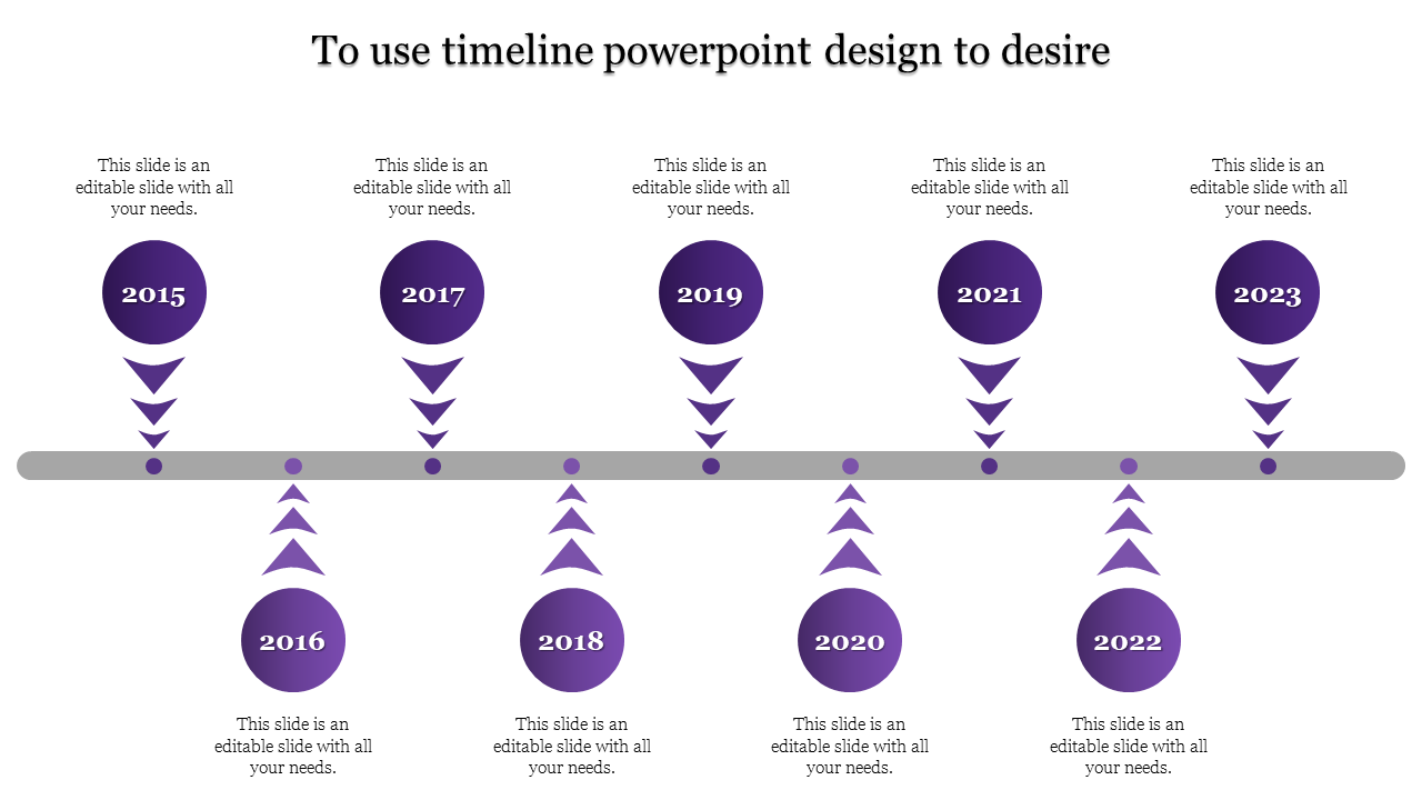 Timeline featuring years 2015 to 2023, with purple circles connected by arrows to a central line and placeholder text.