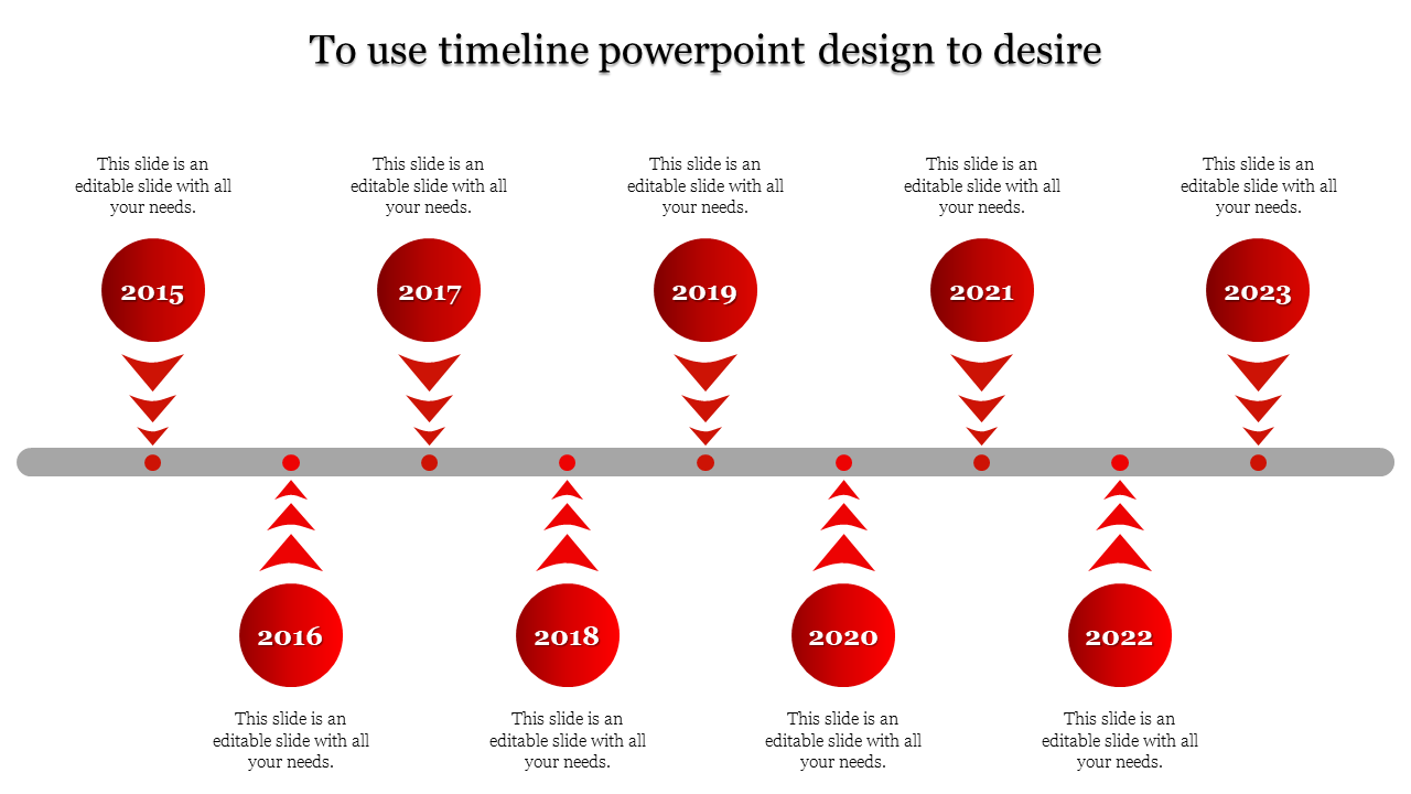Timeline ideas slide with red circles for 2015 to 2023, connected by a gray horizontal line and downward pointing arrows.