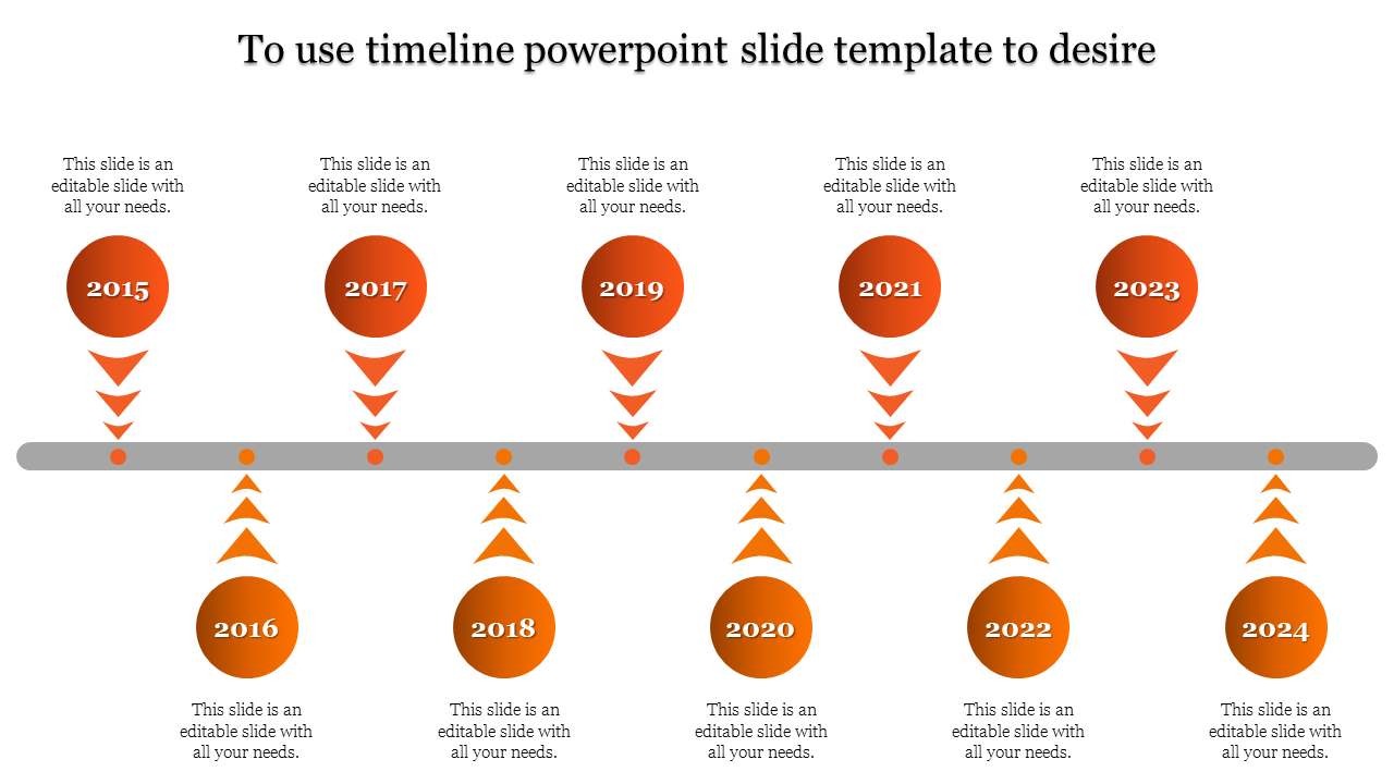 Timeline PPT slide with years 2015 to 2024, featuring orange circular markers with upward and downward pointing arrows.