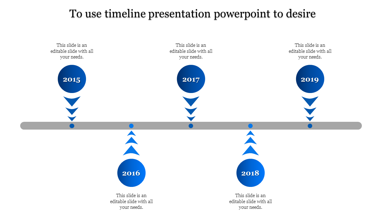 Timeline PowerPoint slide with years 2015 to 2019, each represented by blue circular markers with upward and downward arrows.