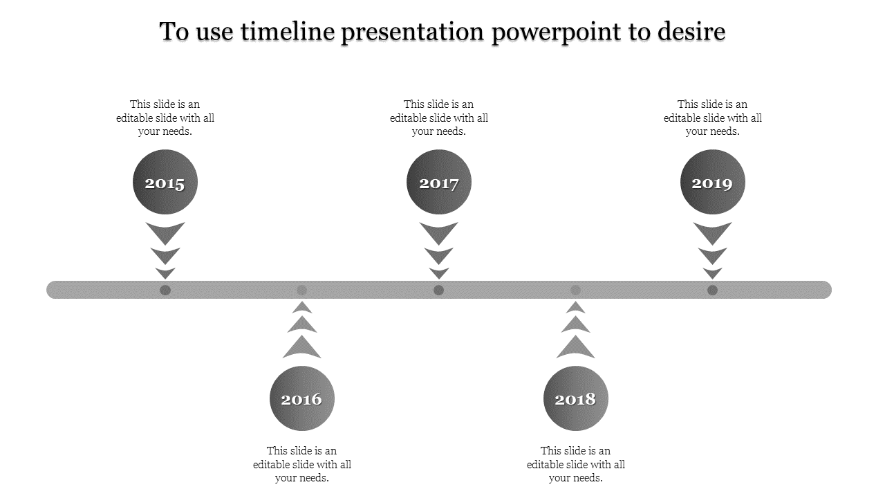 Grayscale timeline with five circular nodes, connected by arrows to a central horizontal bar for clear progression.
