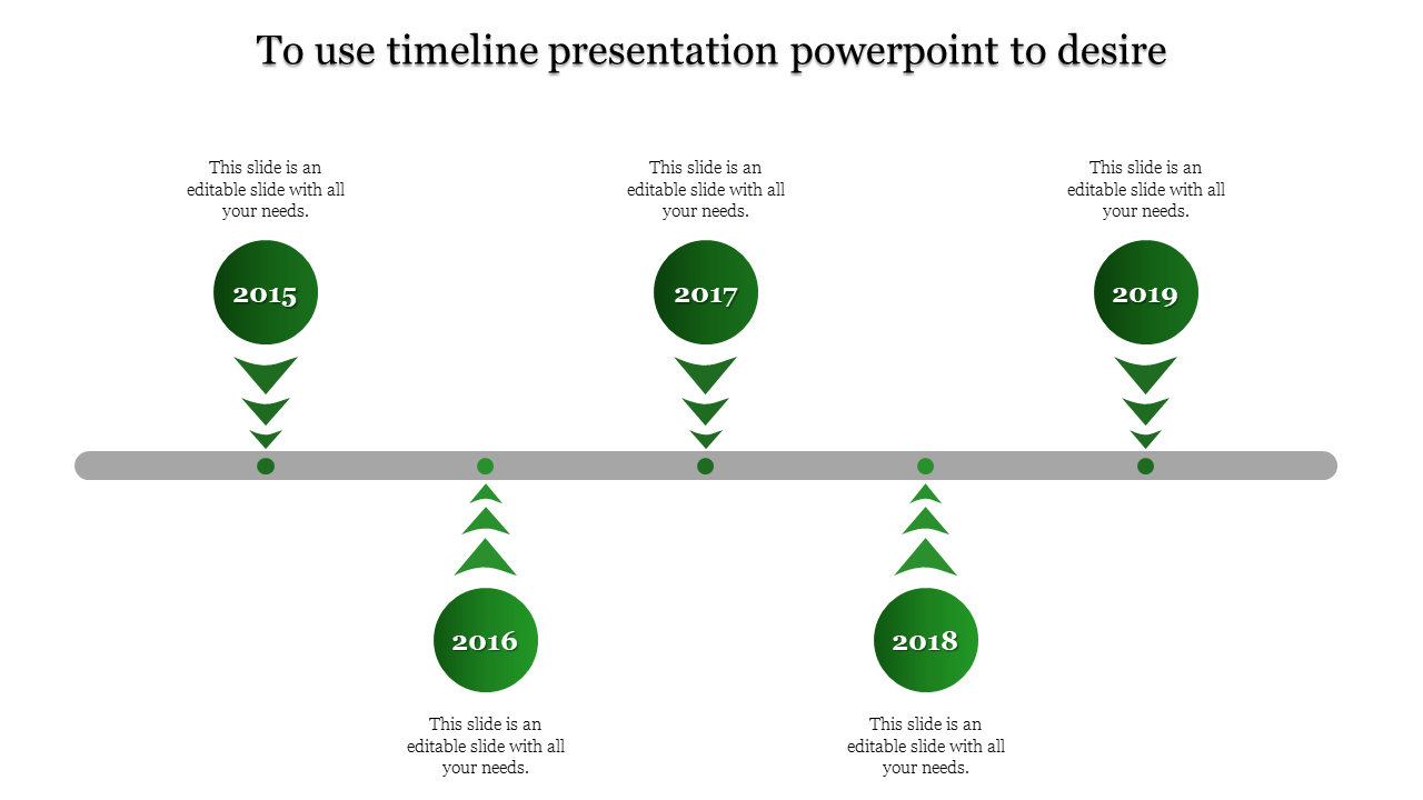Horizontal timeline with green circular milestones, downward arrows, and text placeholders aligned along a central gray bar.