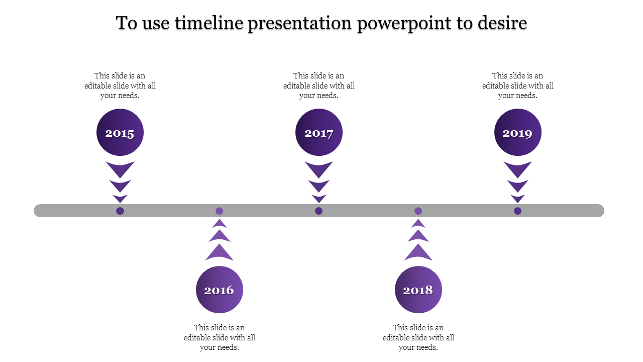 Purple toned timeline with five circular shapes for events, arrows directing towards a horizontal bar for a structured flow.