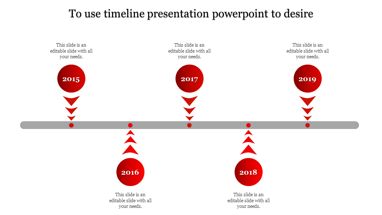 Infographic timeline with red circular year markers, arrow indicators, and text placeholders along a horizontal gray bar.