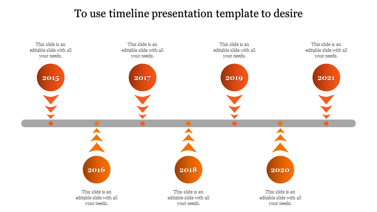 Horizontal timeline with orange circular milestones, downward arrows, and text placeholders aligned along a central gray bar.