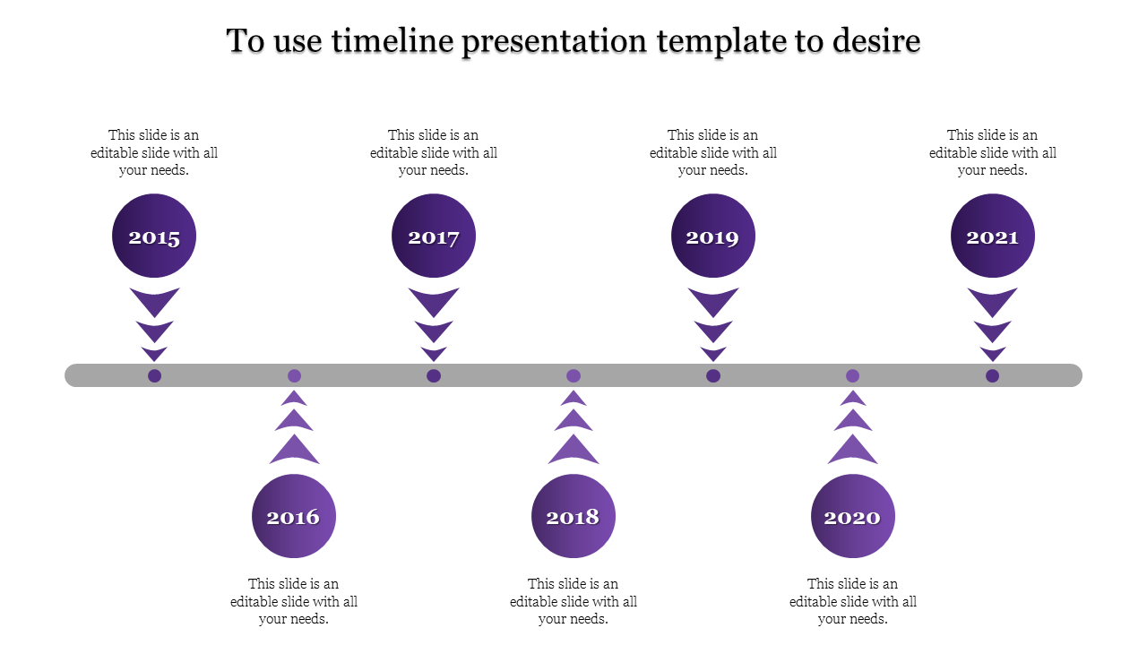 Purple circular timeline from 2015 to 2021, with alternating years placed on a central horizontal line, connected by arrows.