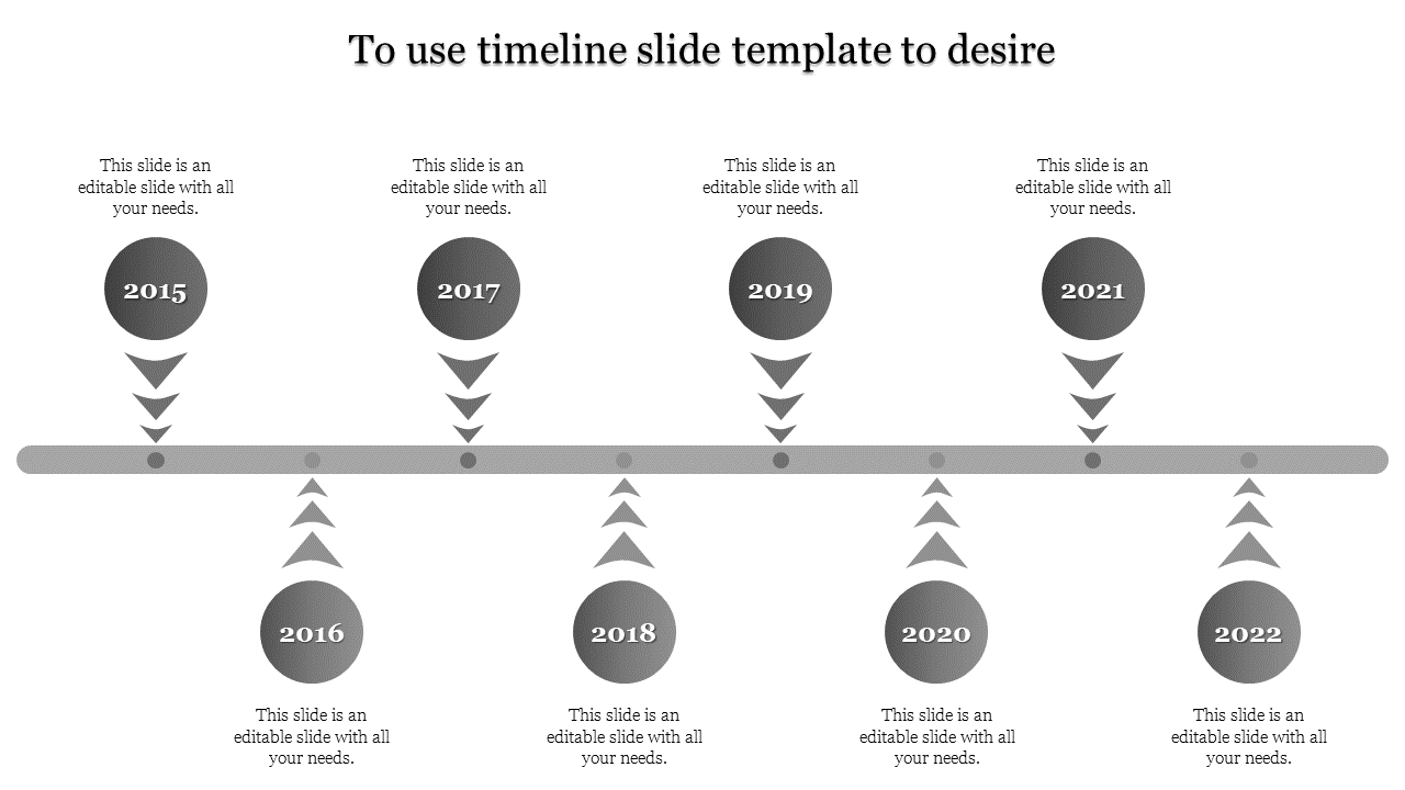 Horizontal timeline with gray circular milestones, downward arrows, and text placeholders aligned along a central gray bar.