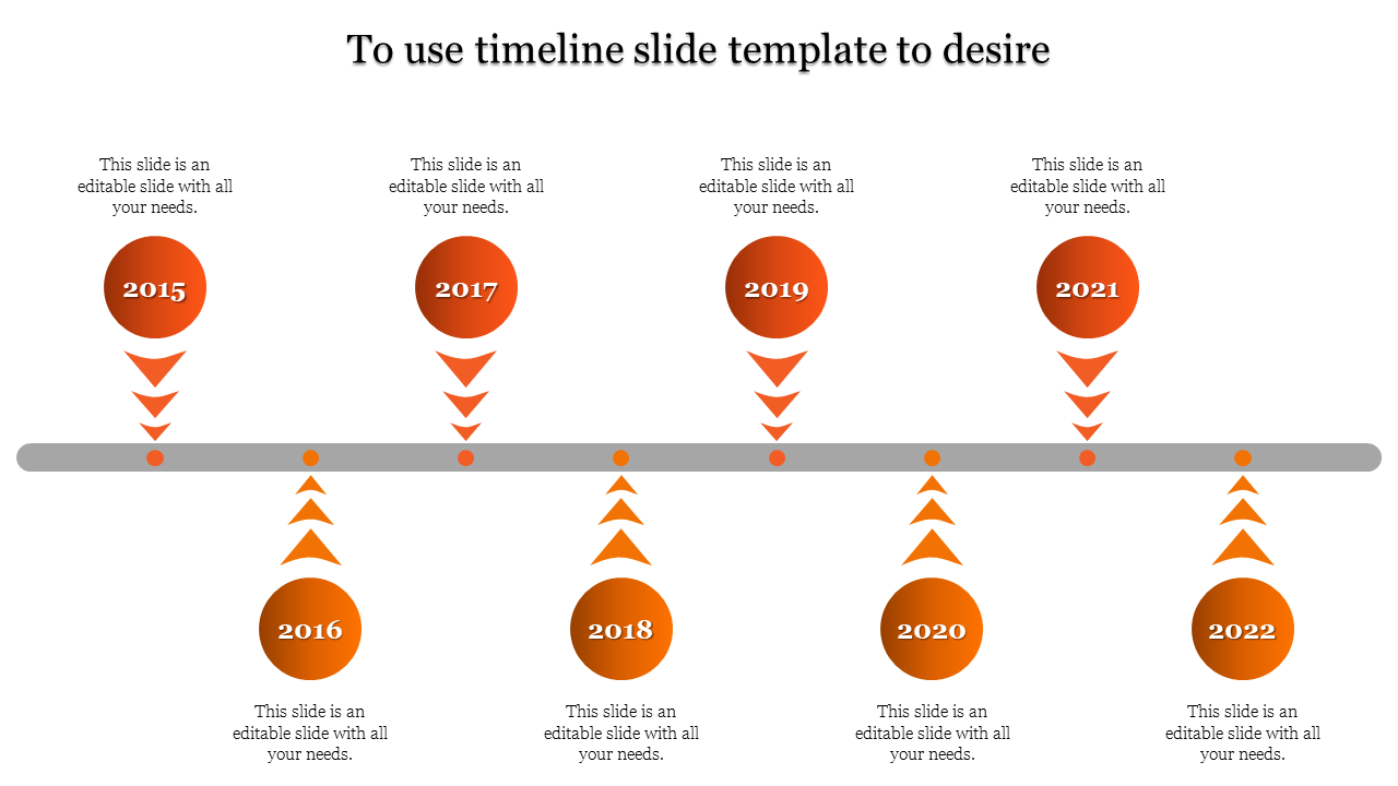 Timeline slide with eight orange gradient circles, labeled from 2015 to 2022, arranged along a horizontal path with arrows.