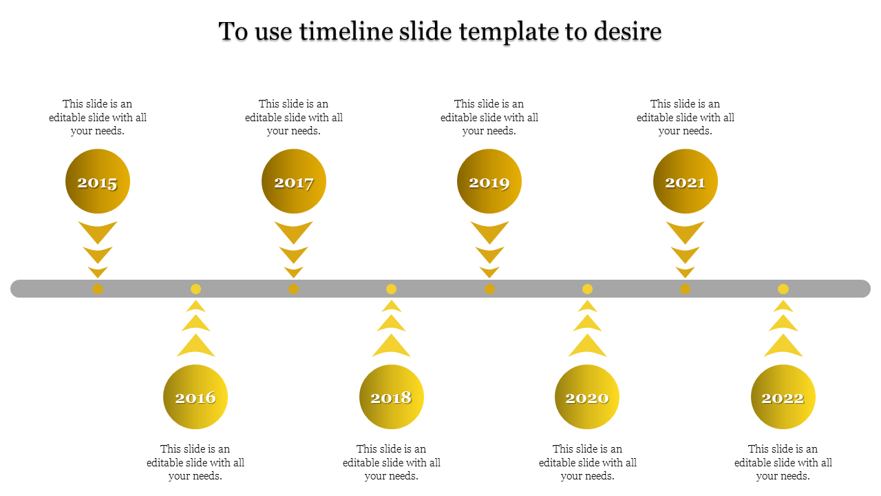 Timeline PPT slide with yellow circular markers for years 2015 to 2022, connected by a gray horizontal line with text area.