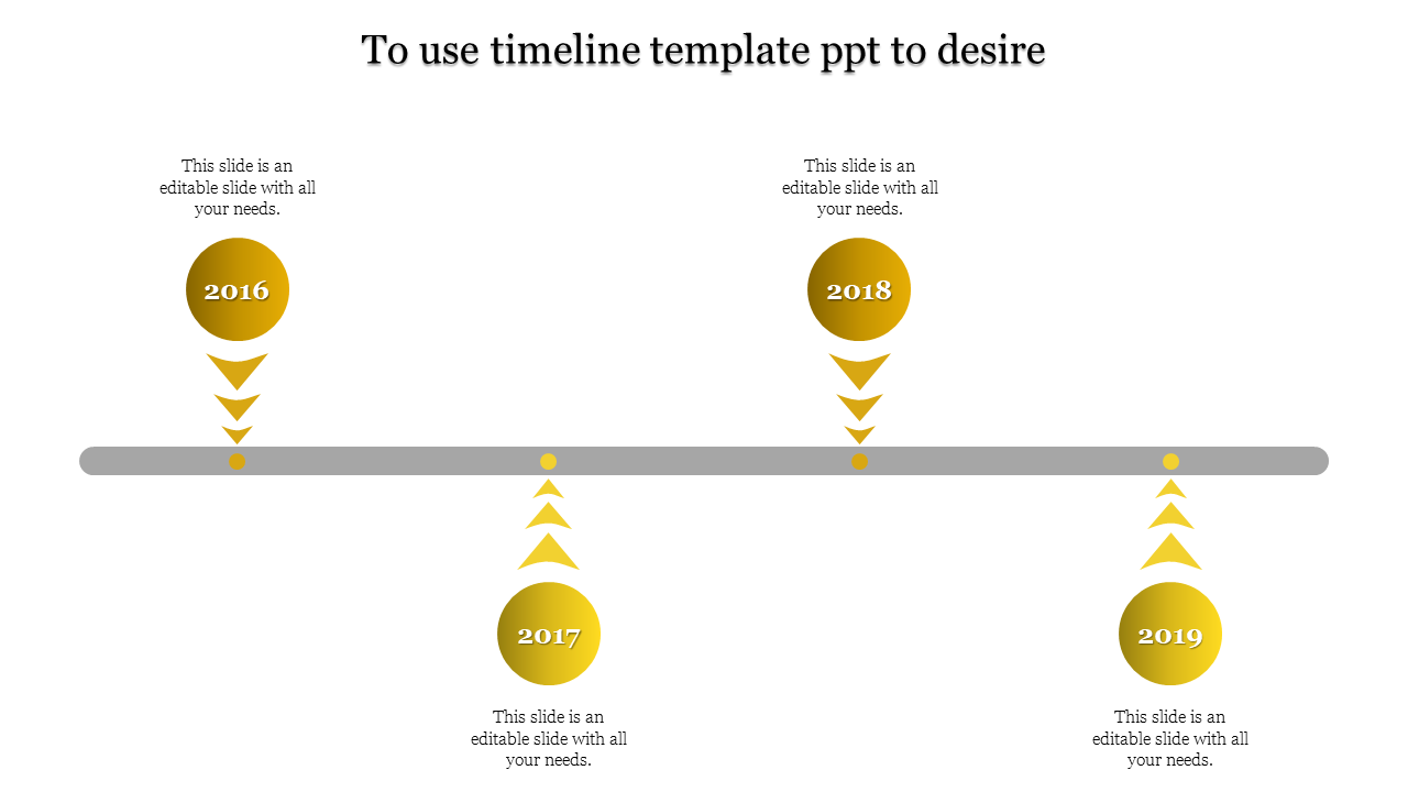 Horizontal timeline with yellow circular markers, connected by arrows pointing up and down, representing years 2016 to 2019.