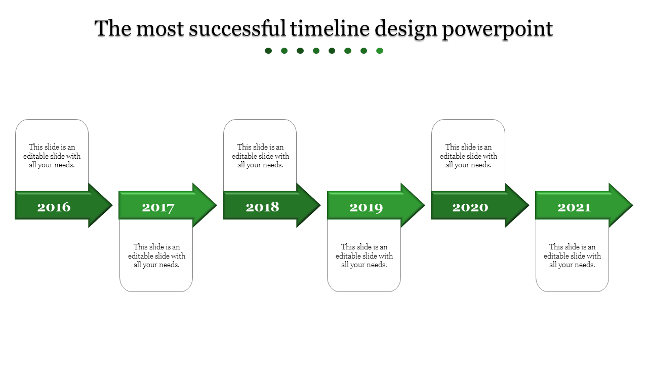 Timeline slide featuring six green arrows with white text boxes above and below, showing yearly progression.