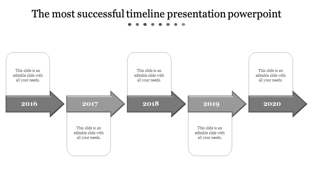 Monochrome timeline featuring five gray arrows pointing right, displaying years 2016 to 2020 with placeholder text boxes.