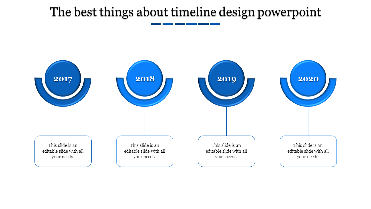 Blue themed timeline presentation template with year markers for 2017 to 2020 with placeholder text.