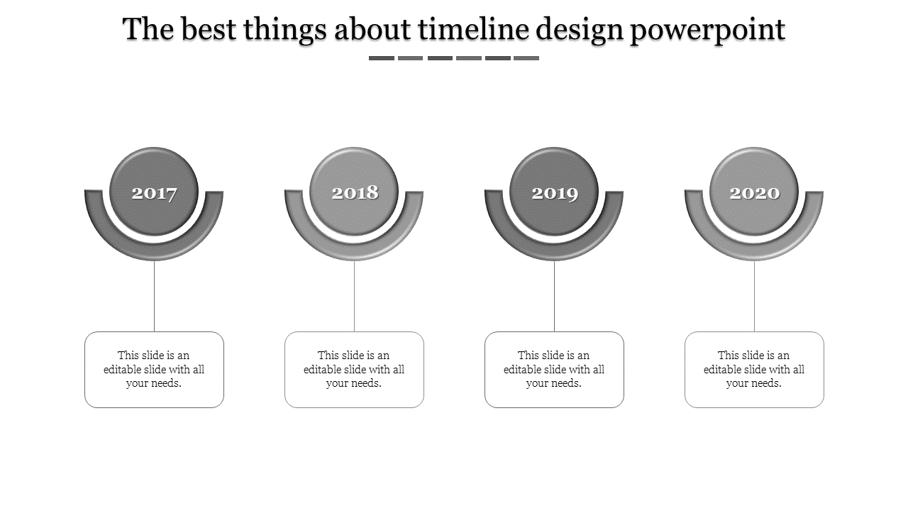 Grayscale timeline slide with circular milestone markers for 2017 to 2020, each connected to a text box below.