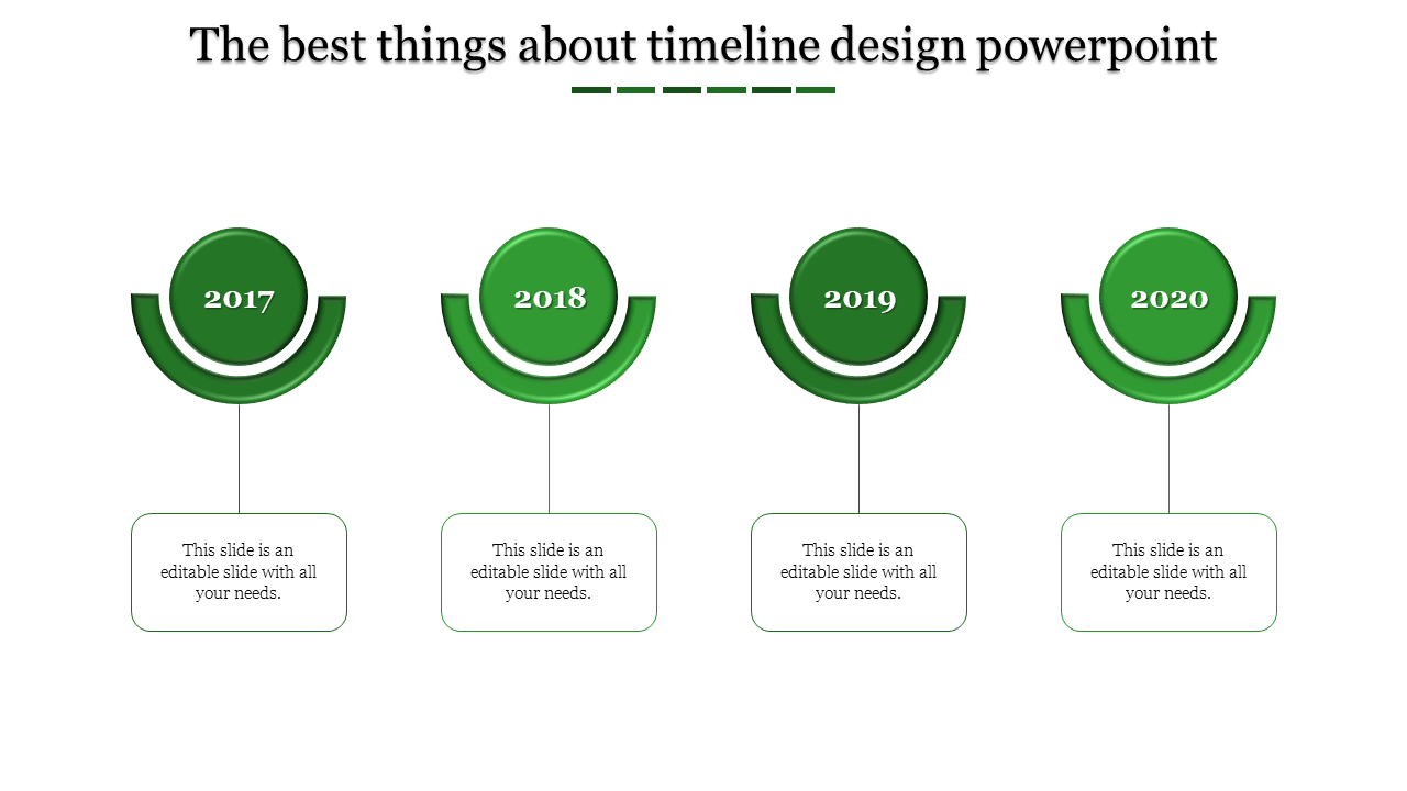 Glossy green timeline diagram displaying four year markers from 2017 to 2020, linked to text boxes with placeholder text.