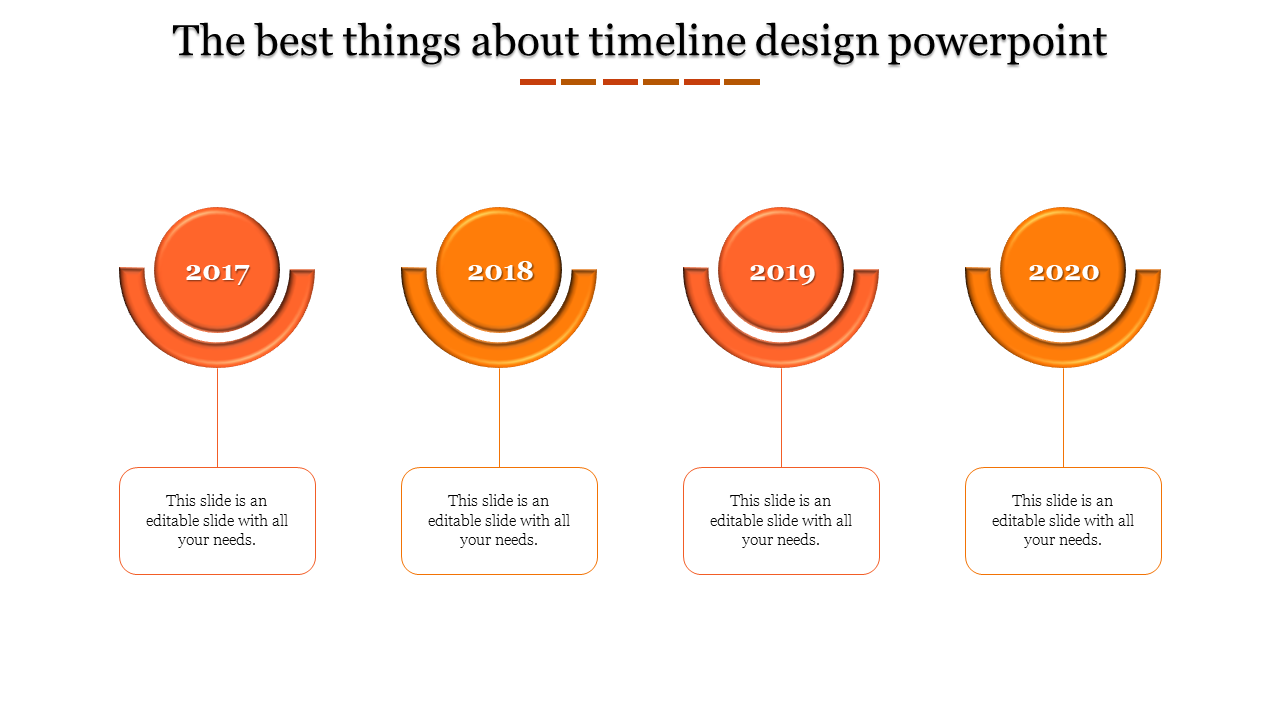 Orange themed timeline presentation template with year markers from 2017 to 2020 with placeholder text.