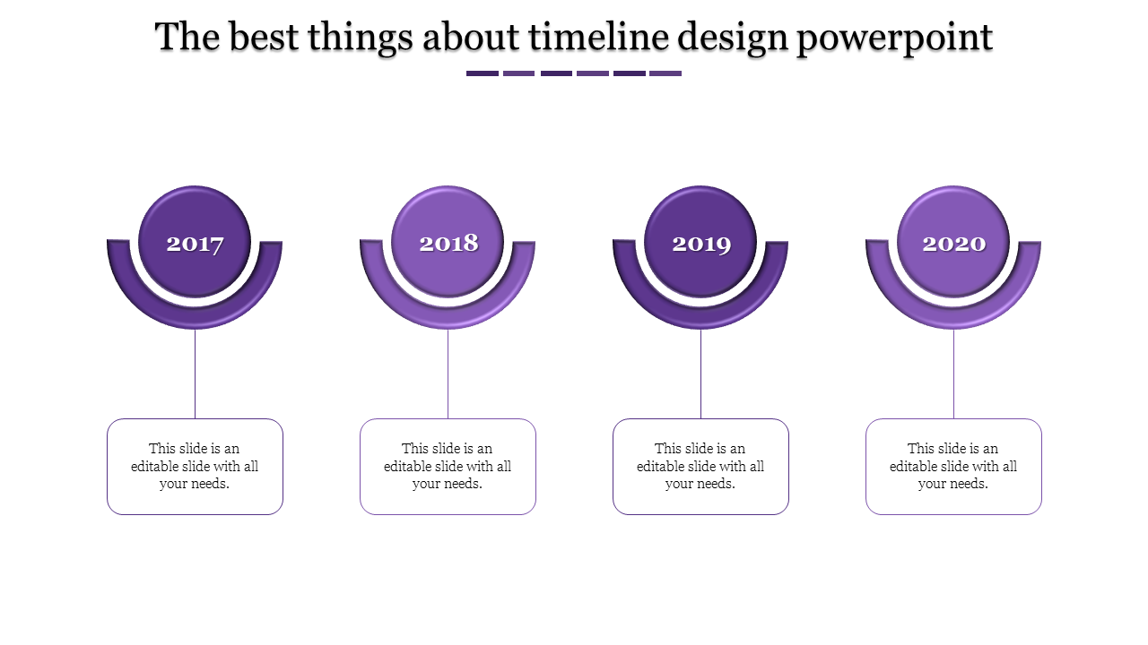 Timeline design with four purple circular elements on curved bases, representing years from 2017 to 2020.