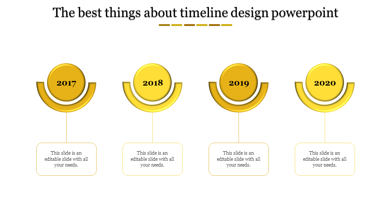 Yellow themed timeline presentation template with year markers from 2017 to 2020 with placeholder text.